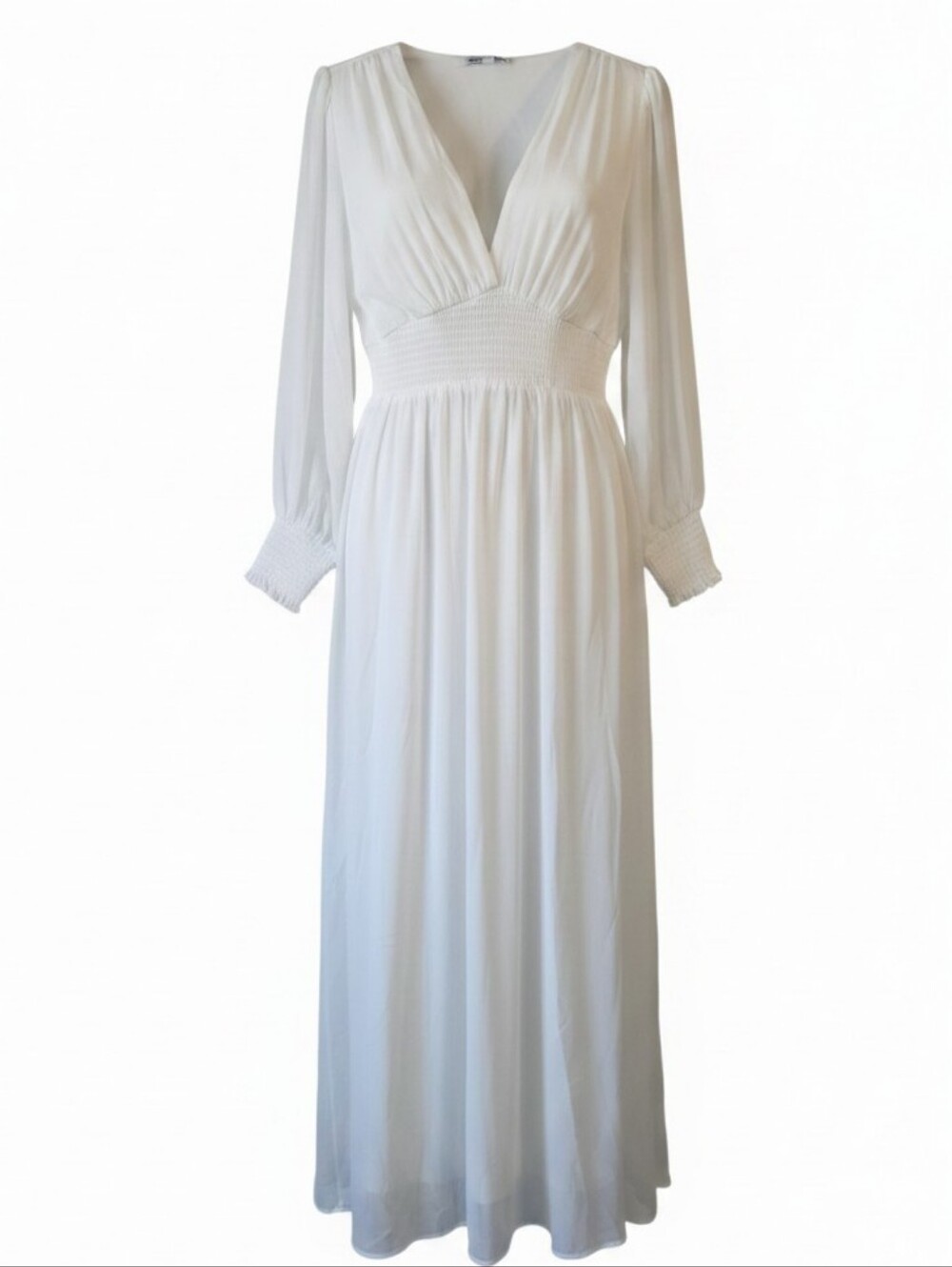 BALTIC BORN | White Smocked Maxi Dress Sheer Long Sleeve Boho Bridal Fairy | L